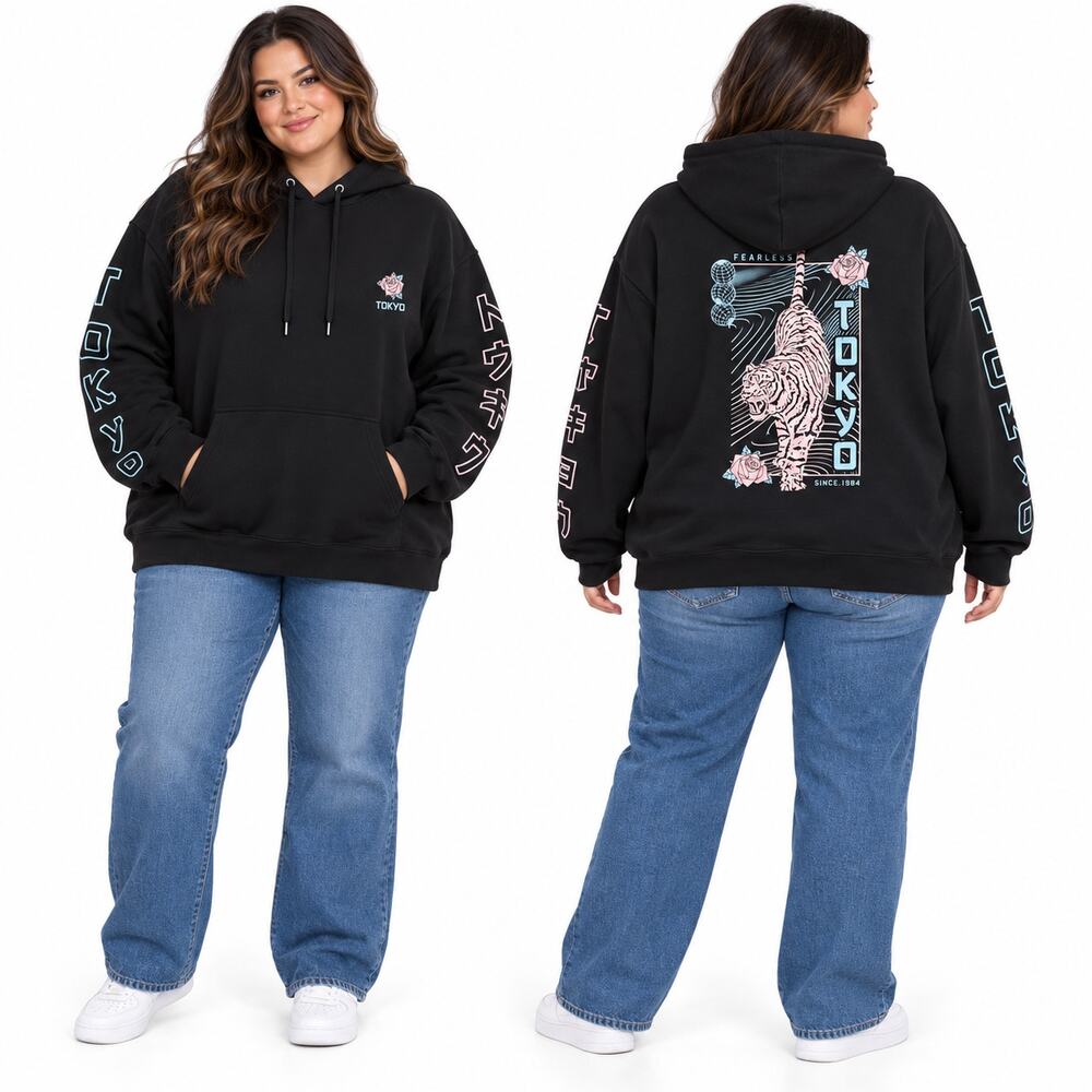No Boundaries Black Graphic Tokyo Japan Tiger Long Sleeve Pullover Hoodie